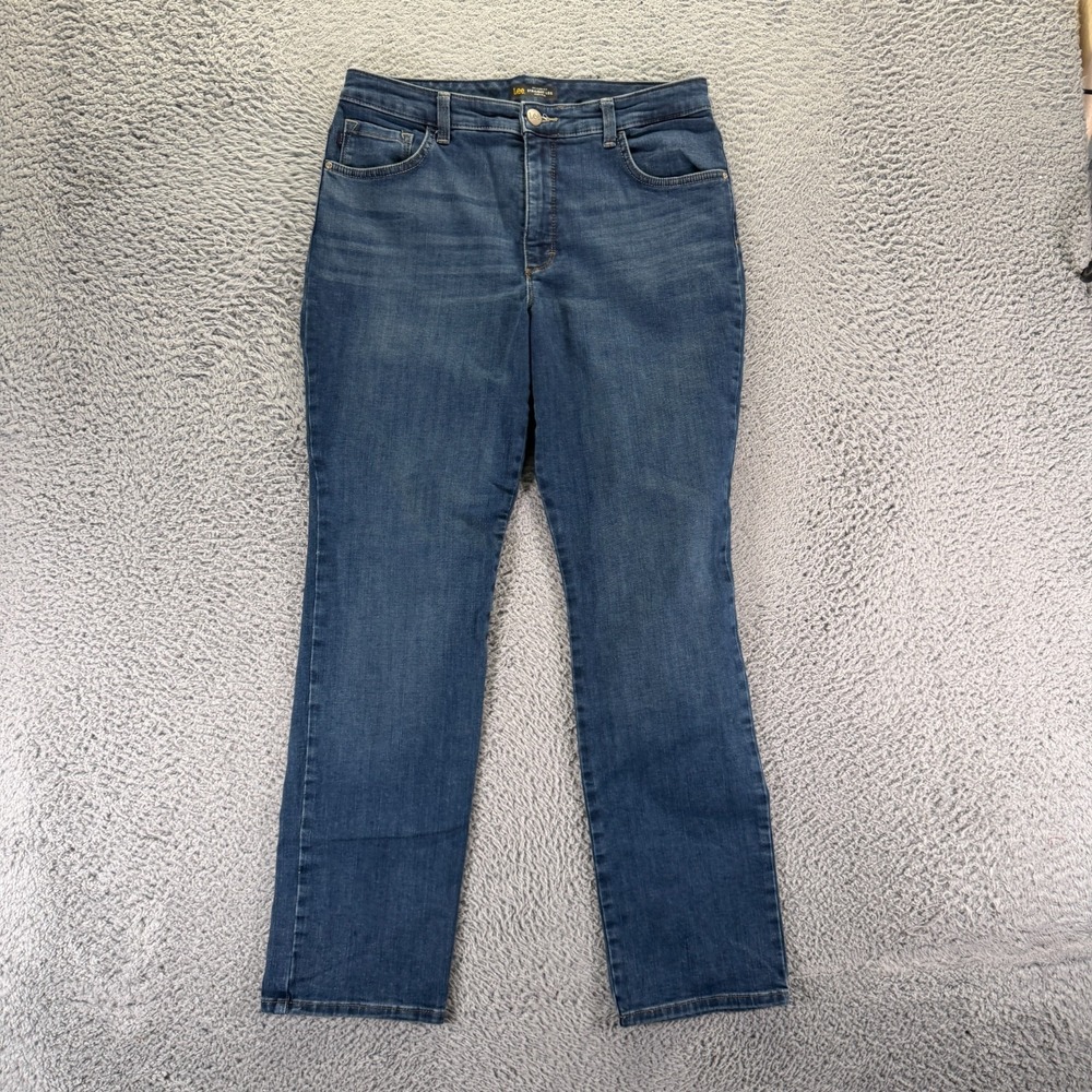 Lee Jeans Women's 12 Blue Cotton Denim Straight Relaxed Faded Workwear Stretch